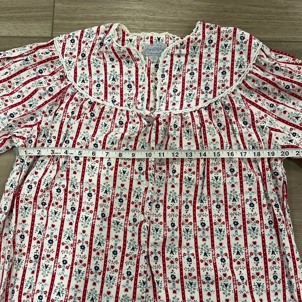 LANZ OF SALZBURG Tyrolean Flannel Nightgown White Red Stripes Floral Hearts M